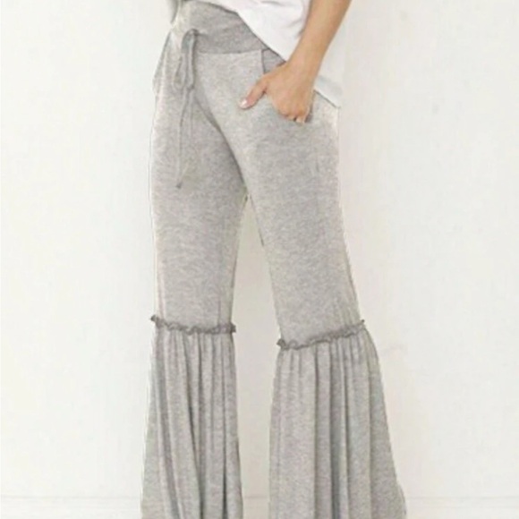 Solid Color Drawstring Wide Leg Bell Bottom Ruffle Lounge Pants - Picture 2 of 4